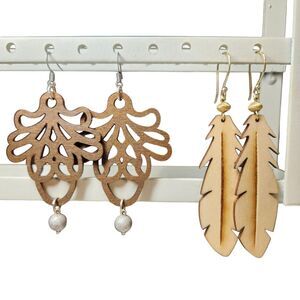 Set 2 Pair Earrings Wooden Feathers Large Long Gold Silver Brown Natural Gift‎